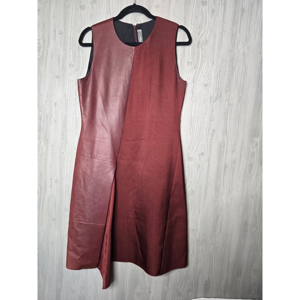 REED KRAKOFF Asymmetrical Leather Panel Silk Lined Dress Burgundy Size 8 - Picture 2 of 8